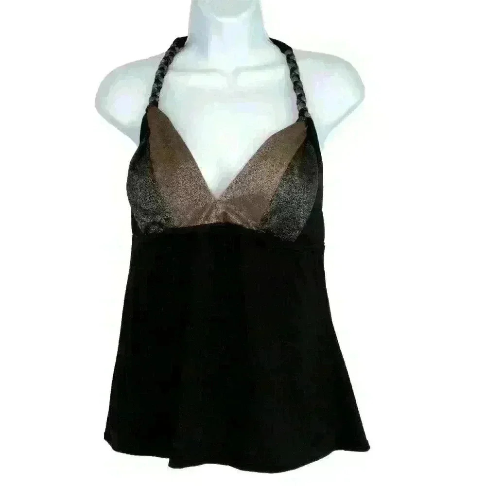Coco Reef Tankini Top 34D Padded Bra Braided Tie Halter Neck Stretch Black